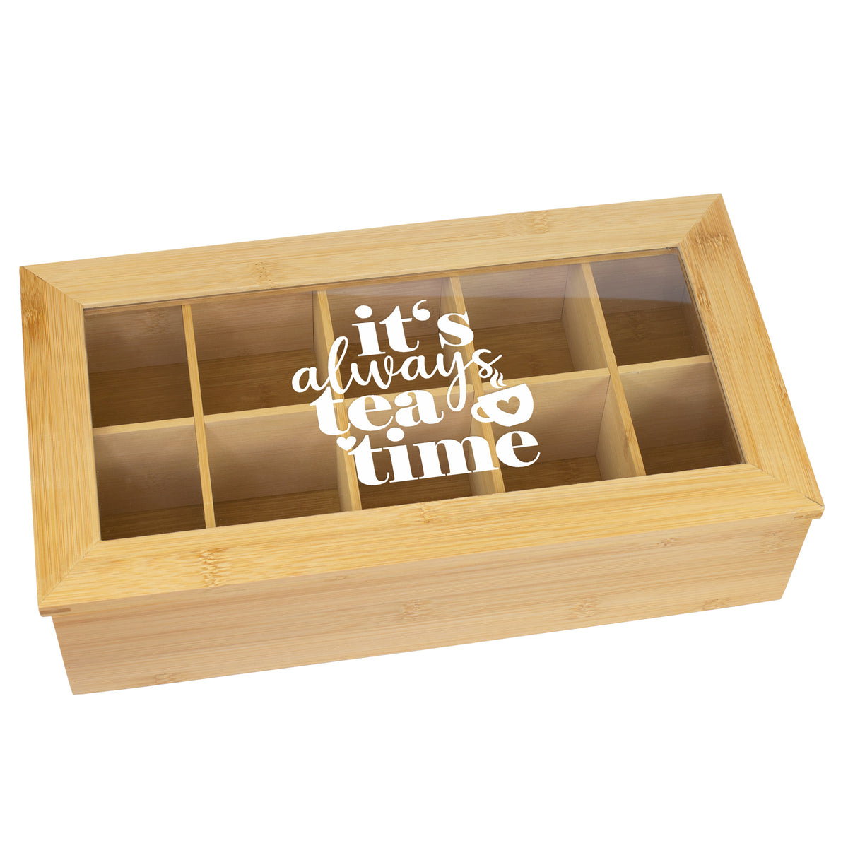 Teebeutelbox aus Bambus mit transparentem Deckel und It’s always tea time Schriftzug