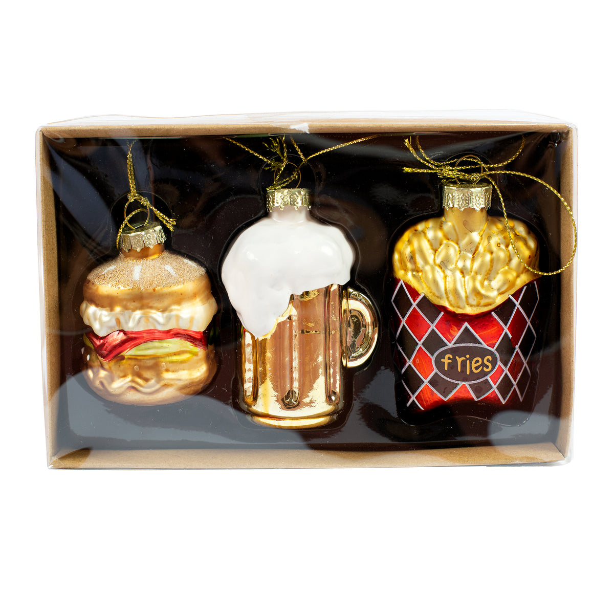 Fast Food Christbaumschmuck aus Glas mit Burger, Bierkrug und Pommes als komplettes 3er Set