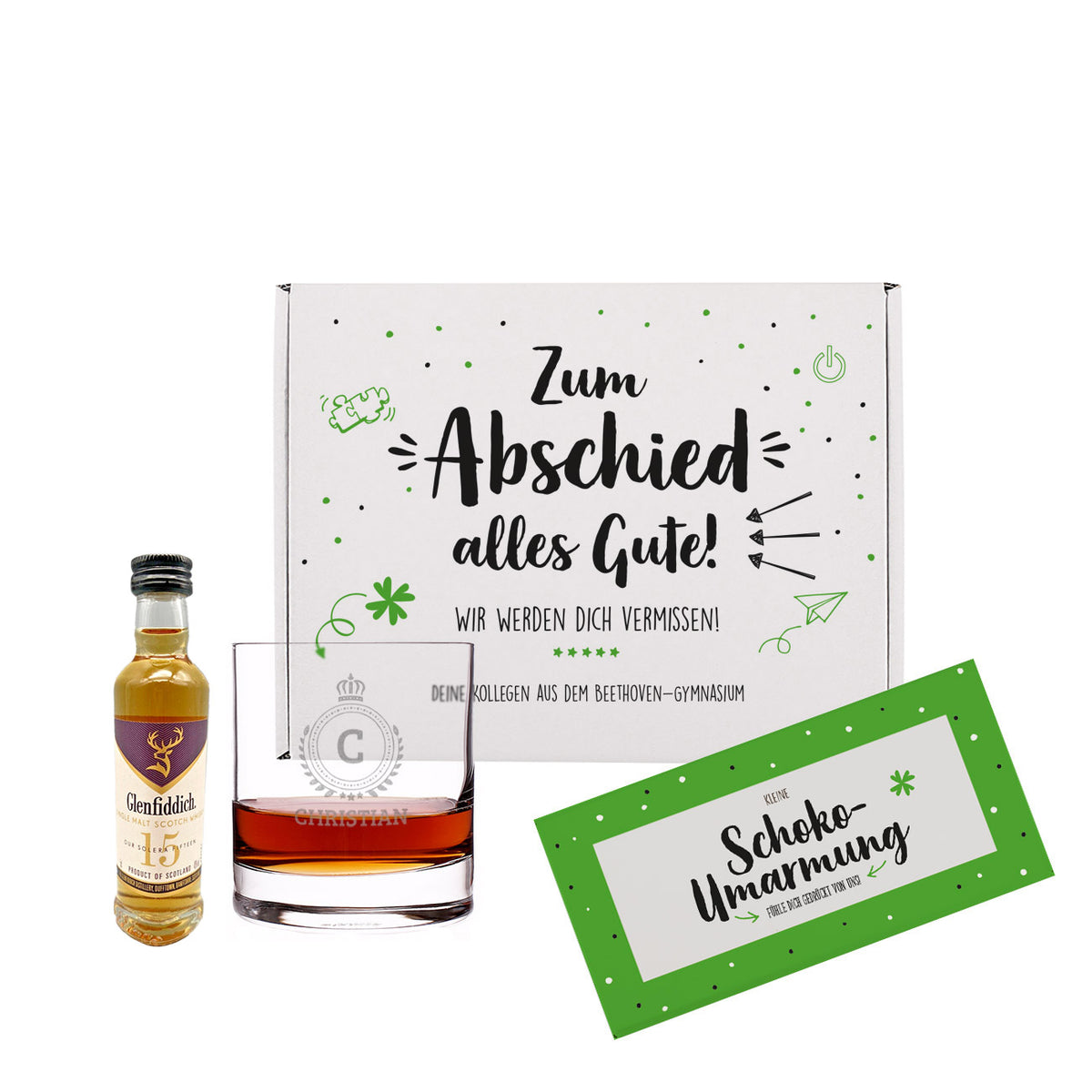 Whisky-Geschenkset zum Abschied mit Glenfiddich, graviertem Glas und Schokolade