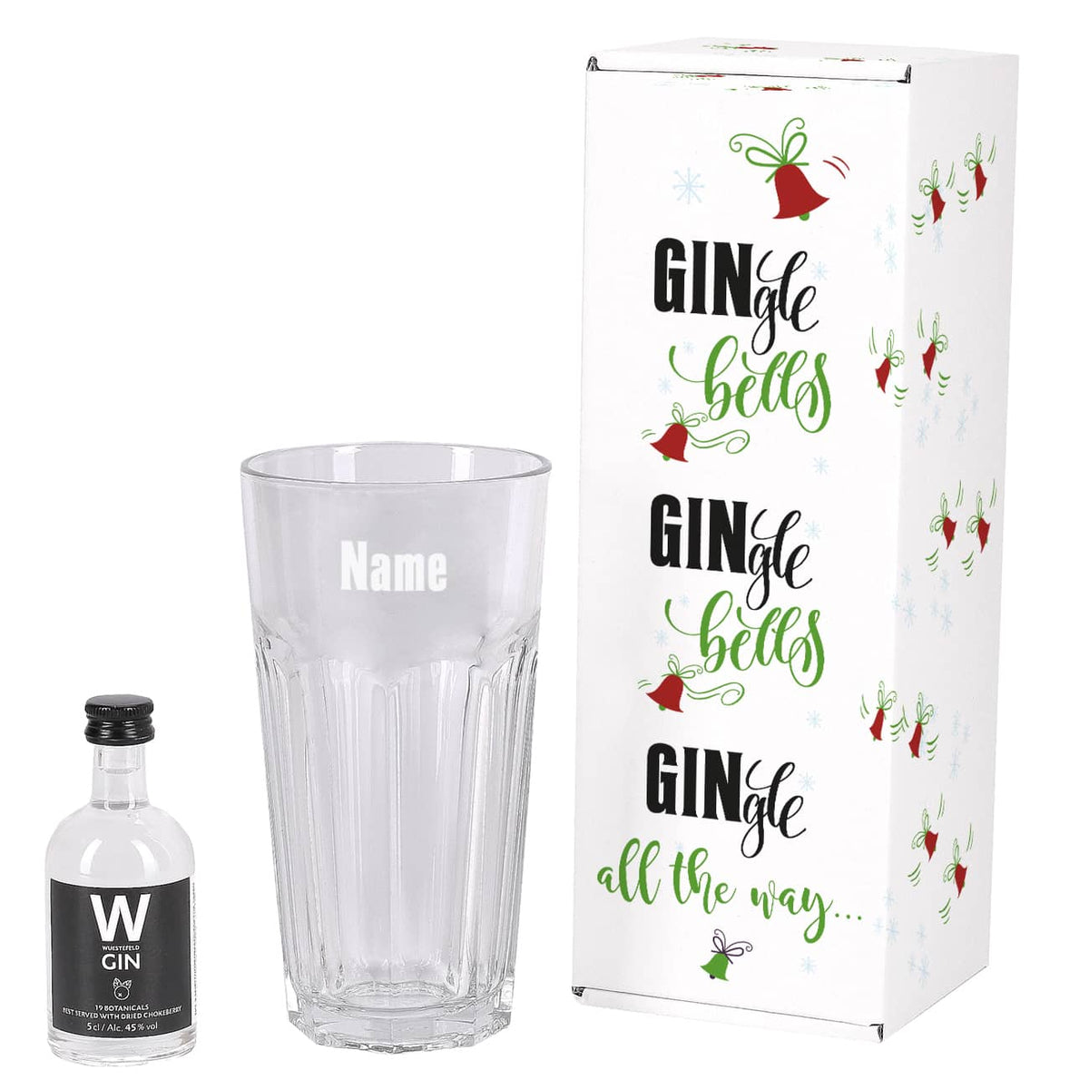 Gin mit Glas im originellen Geschenkset mit Rückansicht der Verpackung