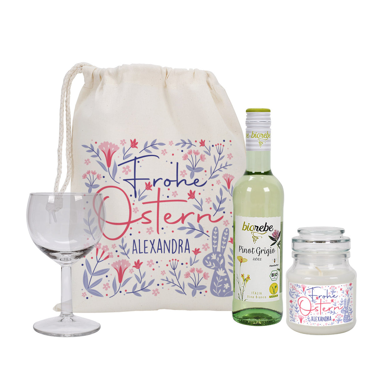Geschenkset zu Ostern mit Duftkerze und Wein im Geschenksack