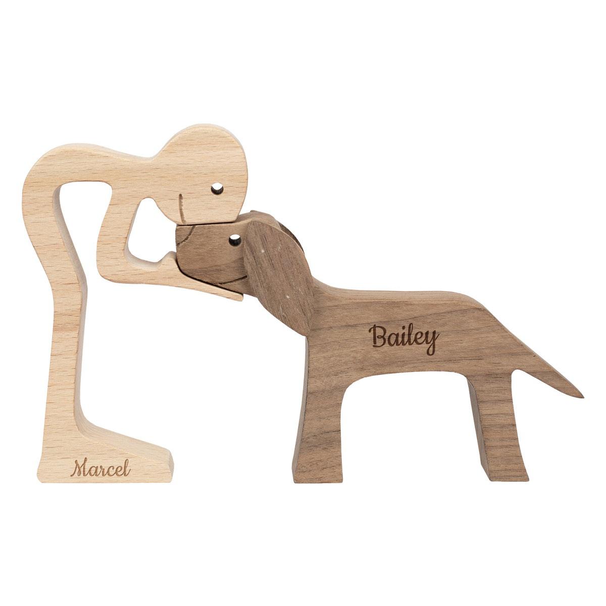 Holzskulptur Herrchen mit Hund – personalisiert mit zwei Namen | Geschenk für Hundebesitzer
