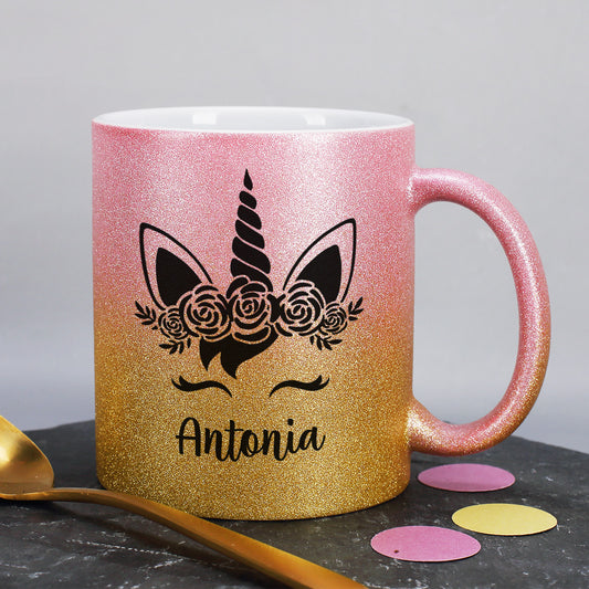 Einhorn - Glitzertasse in Pink/Gold mit Name