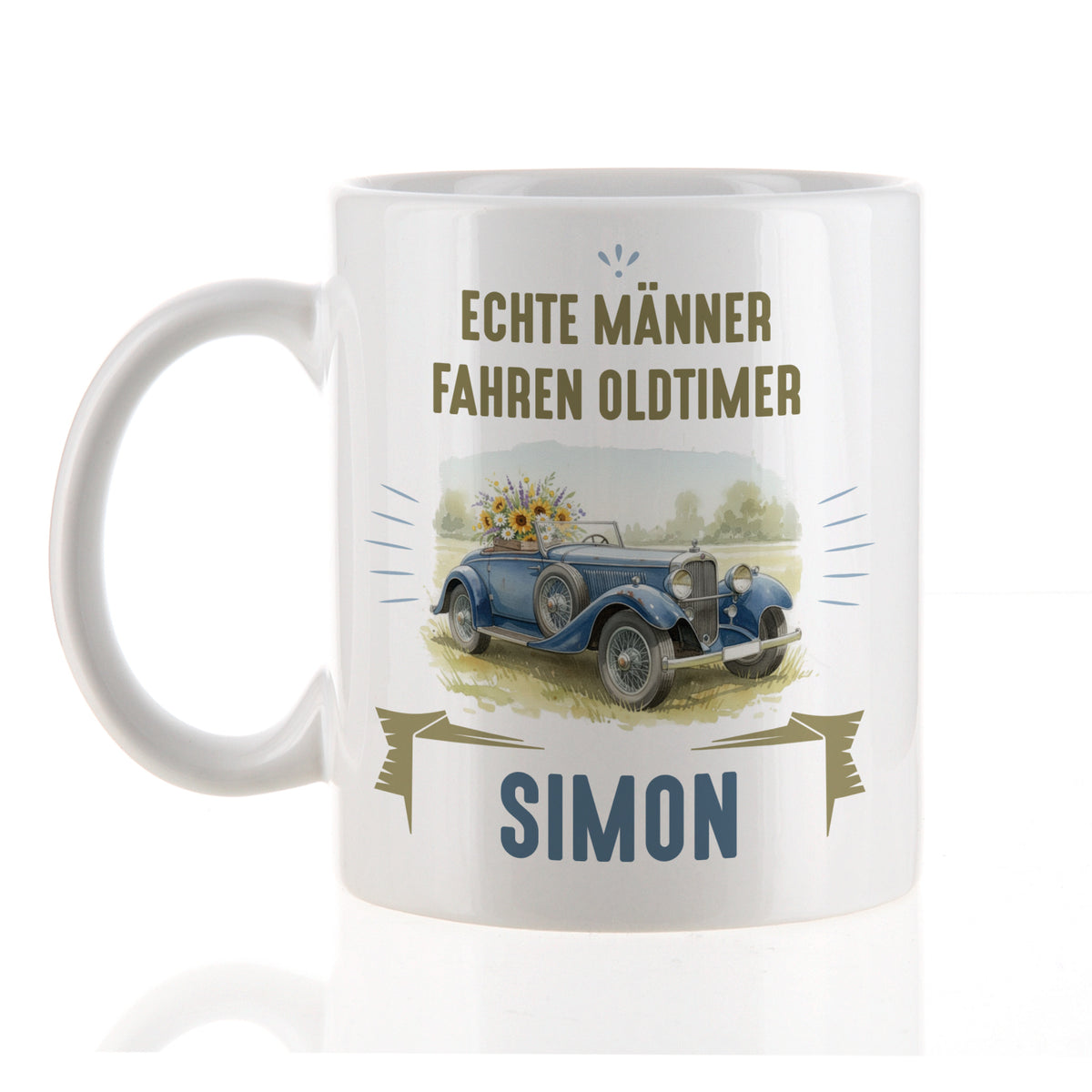 Keramiktasse mit Oldtimer-Motiv und Name Simon, Geschenkidee für Autofans