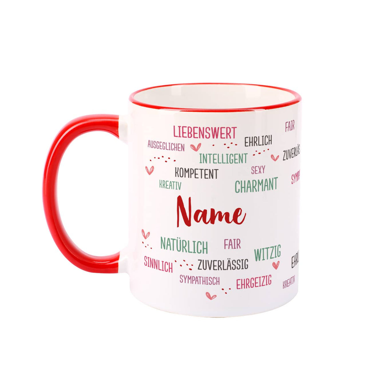 Tasse mit guten Eigenschaften und Name bedruckt