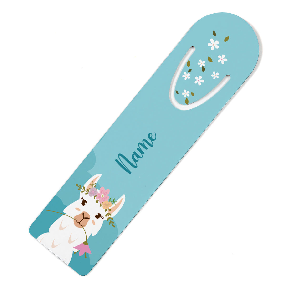 Lesezeichen mit Lama, bunten Blumen und Name bedruckt