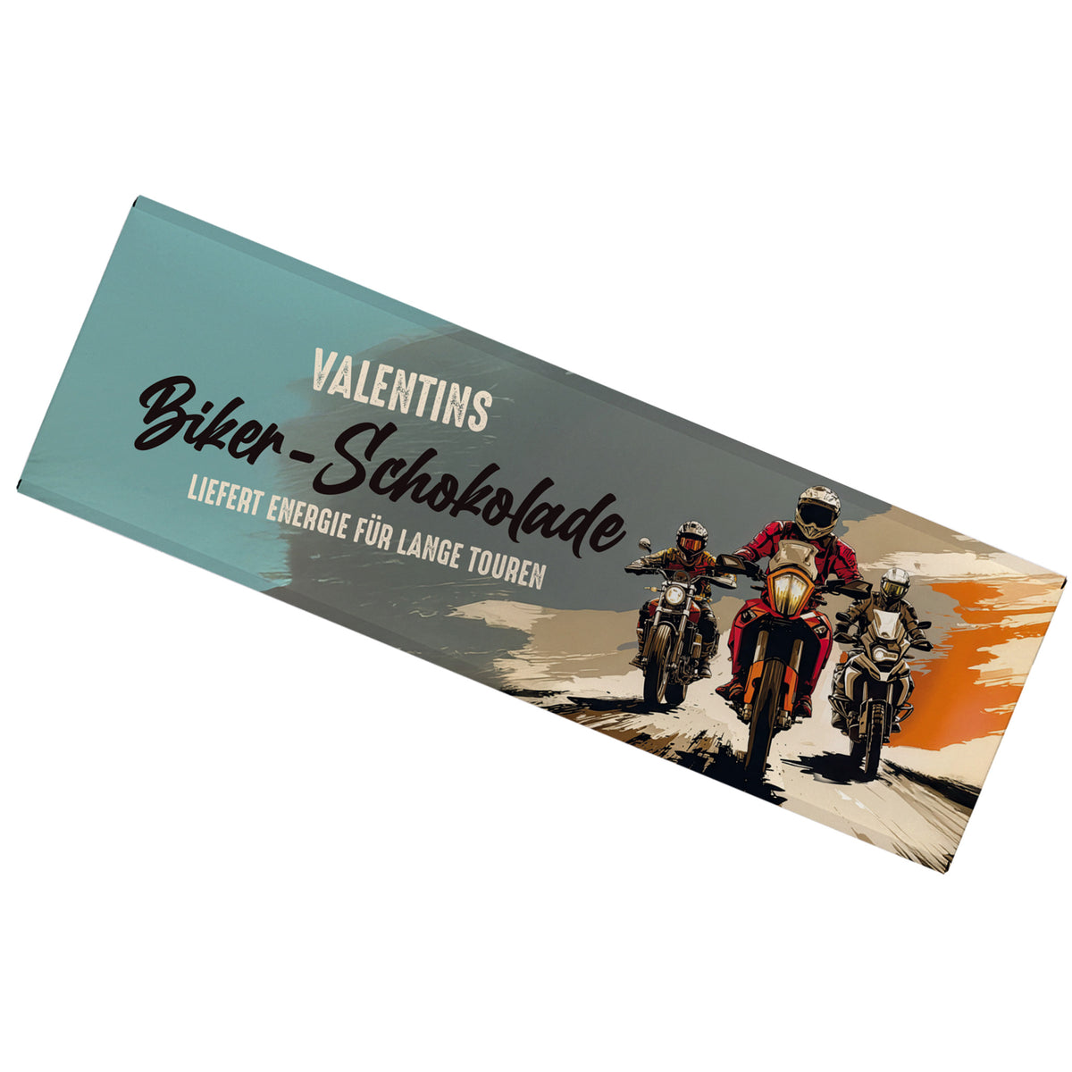 Schokoladentafel liegend, Vorderseite mit Biker-Motiv und Text „Biker-Schokolade“