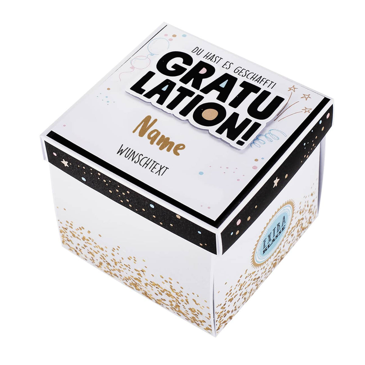 Gratulation, du hast es geschafft! - Geschenkbox mit Name und Wunschtext