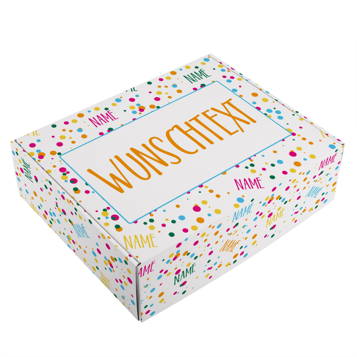 Große Geschenkbox mit Konfetti, Name und Wunschtext