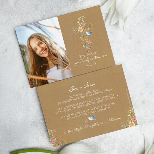Einladungskarte zur Konfirmation, Kommunion, Taufe mit Foto & Wunschdaten | Blumenkreuz
