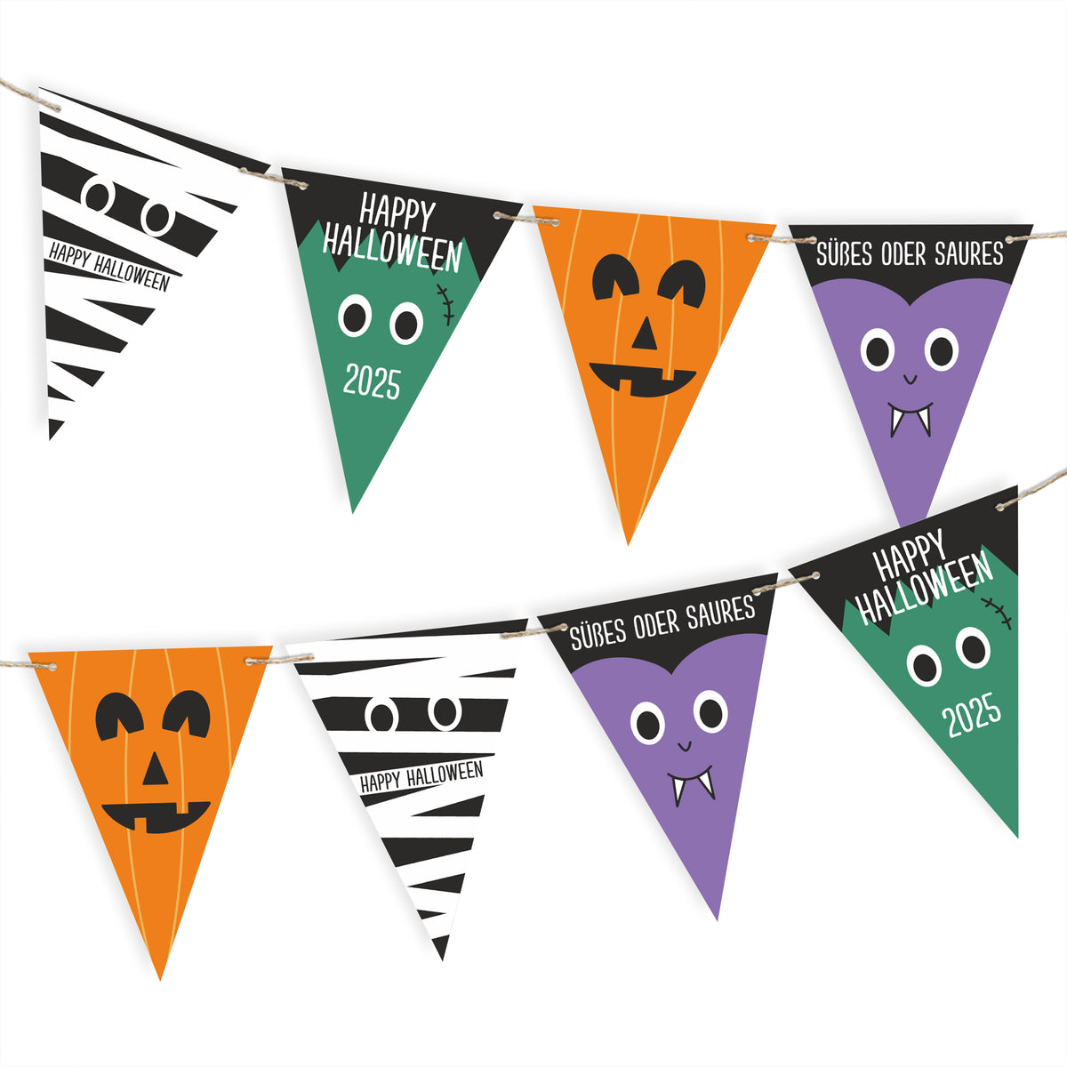 Halloween-Girlande mit kräftigen Farben und Motiven – Produktaufnahme auf weißem Hintergrund.