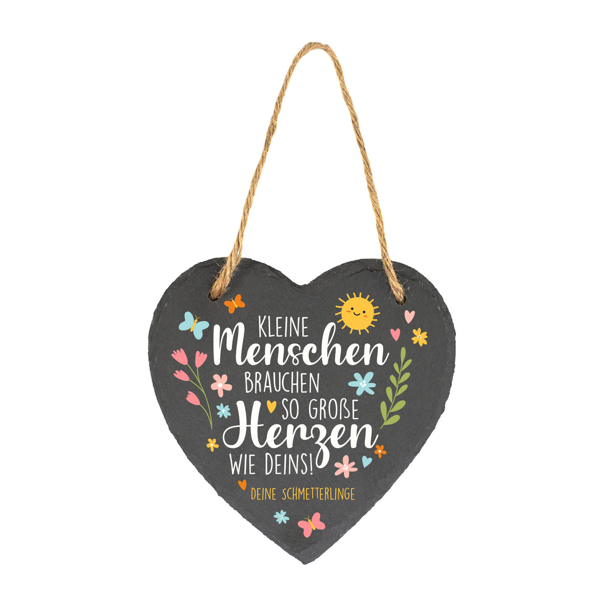 Schieferherz zum Aufhängen mit buntem Blumen Schmetterling Motiv und persönlichem Wunschtext