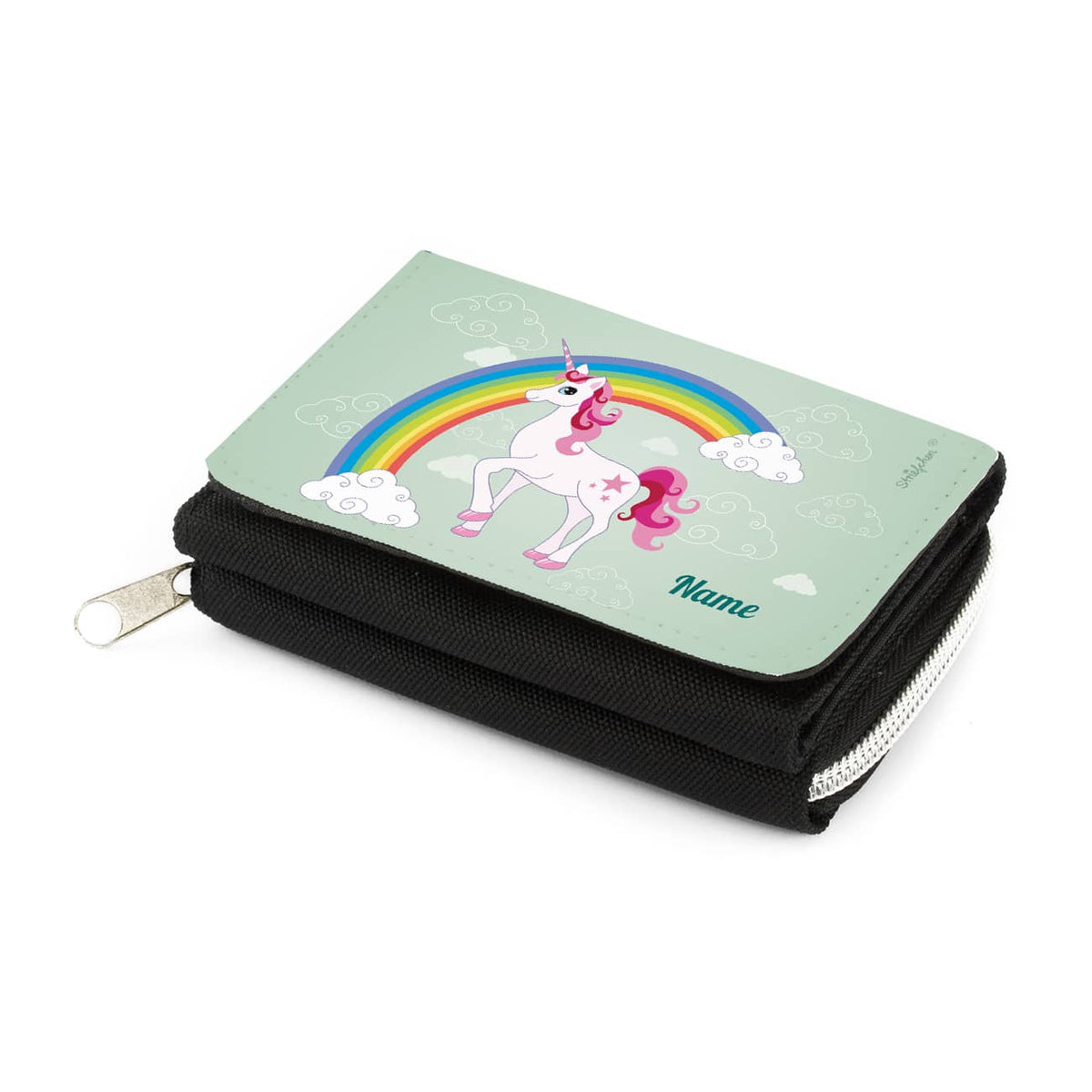 personalisierte Geldbörse für Kinder in schwarz mit Einhorn und Name