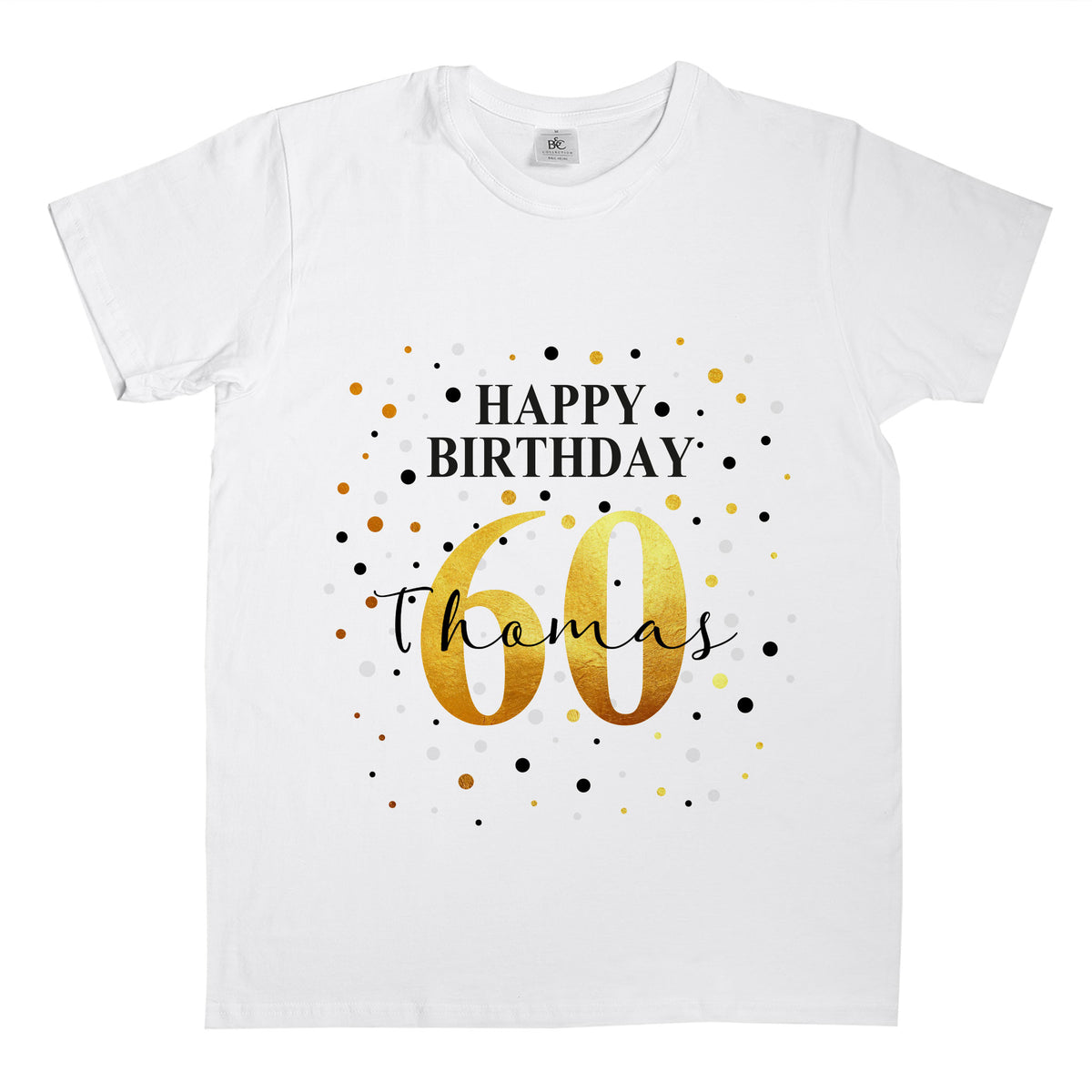 T-Shirt mit Geburtstags-Motiv & Schriftzug "Happy Birthday" personalisiert mit Alter & Name freigestellt auf weißem Hintergrund