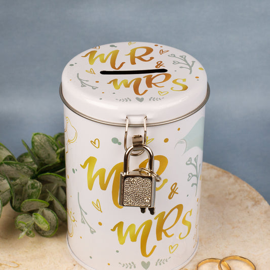 Runde Spardose Hochzeit Mr. & Mrs. mit Schloss und Schriftzug auf dem Deckel