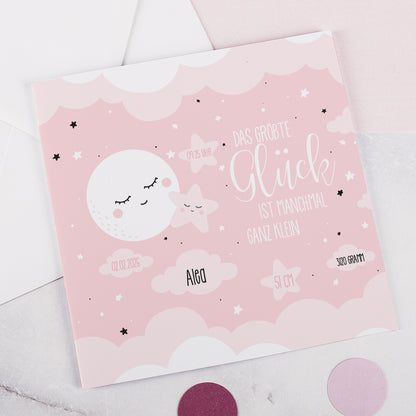 Personalisierte Klappkarte zur Geburt für Mädchen – Mond & Sterne | Glückwunschkarte & Geldgeschenk