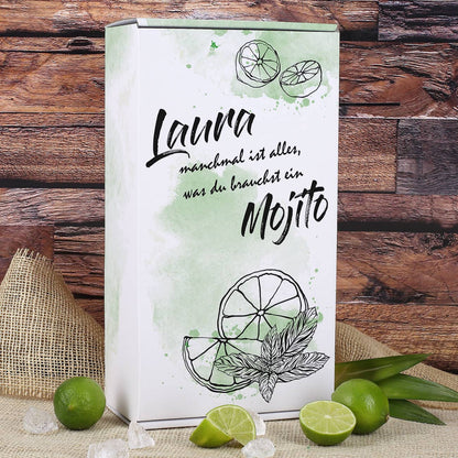 Geschenkverpackung mit Limetten, Minze und Ihrem Wunschnamen bedruckt