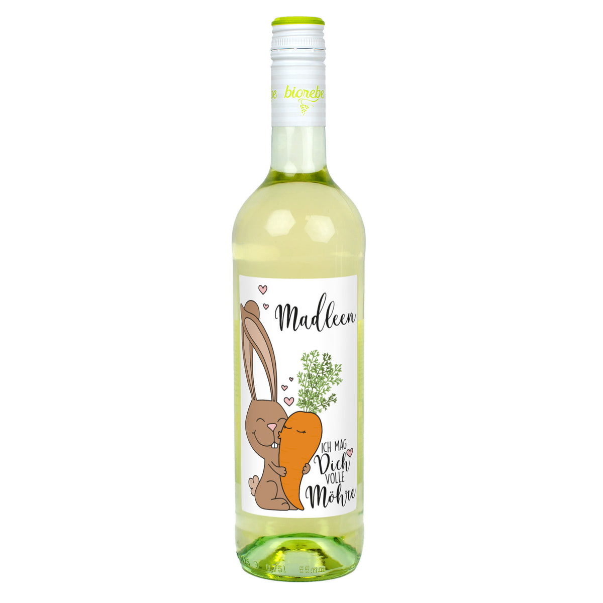 Personalisierte Weißwein-Flasche mit Hase und Möhre Motiv, Aufschrift „Ich mag Dich volle Möhre“ und Name Madleen
