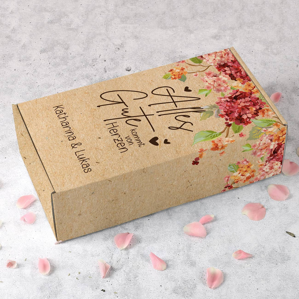 Elegante Vintage Präsentbox mit Hortensienblüten "Alles Gute kommt von Herzen" und Wunschtext