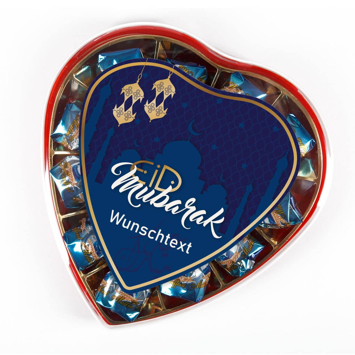 Pralinenherz zum Zuckerfest mit Ihrem Wunschtext in Dunkelblau