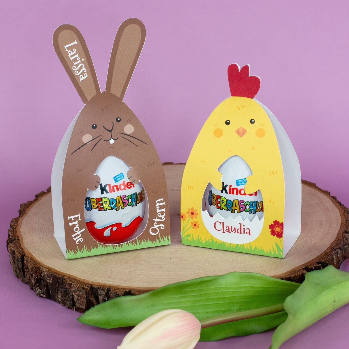 Zwei personalisierte Überraschungseier zu Ostern in Verpackung als Hase und Huhn mit Name