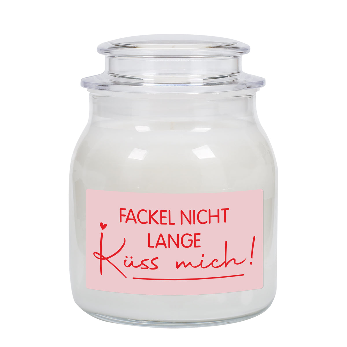 Detailaufnahme der weißen Duftkerze im Glas mit Arganöl-Wachs und romantischem Schriftzug