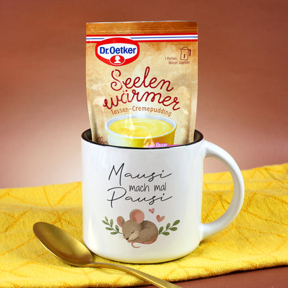 Mausi mach mal Pausi Tasse mit Dr. Oetker Seelenwärmer Vanille Geschmack