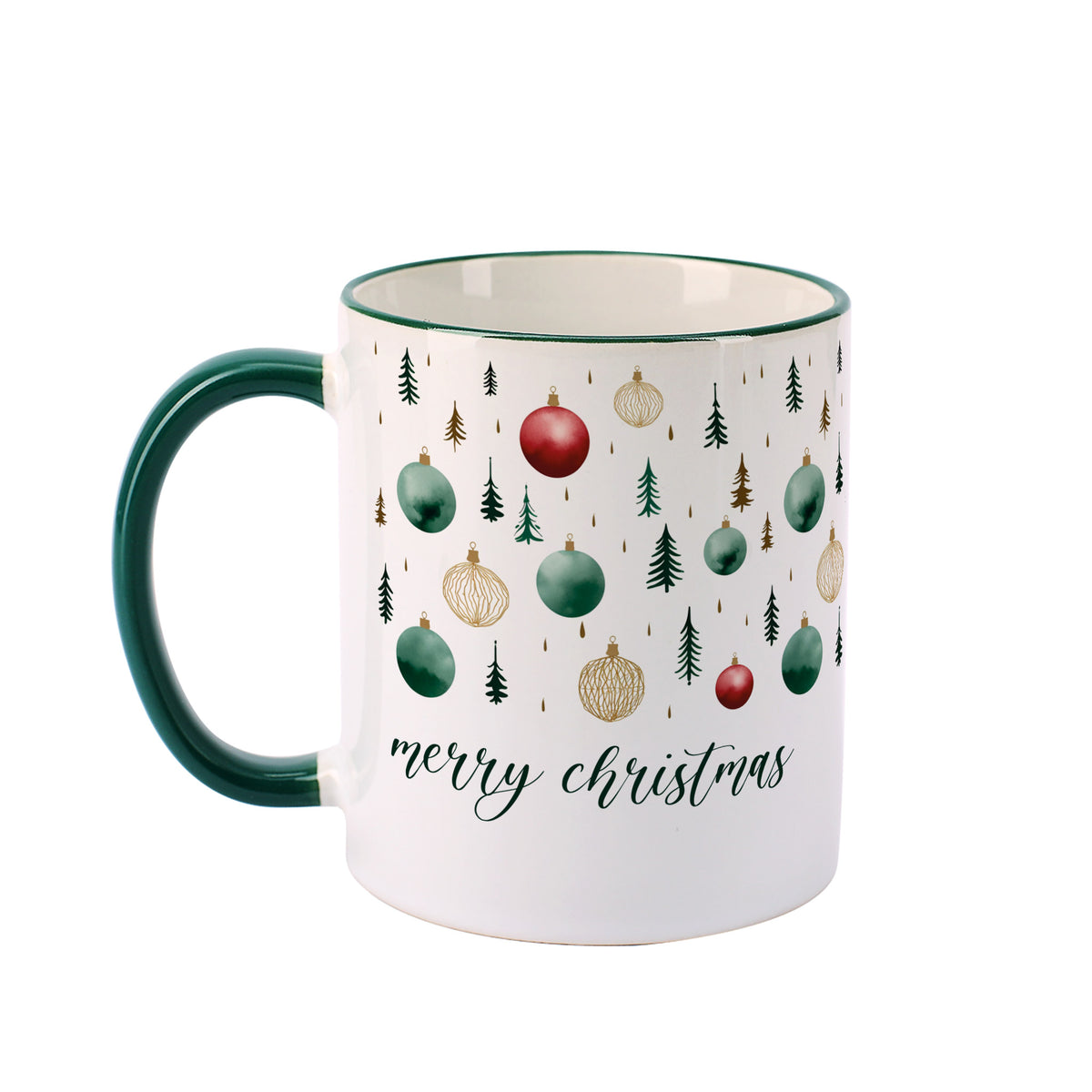 Weihnachtstasse aus Keramik mit dunkelgrünem Henkel und Rand, rundum bedruckt mit Kugeln, Tannen und goldenen Ornamenten, Ansicht seitlich.