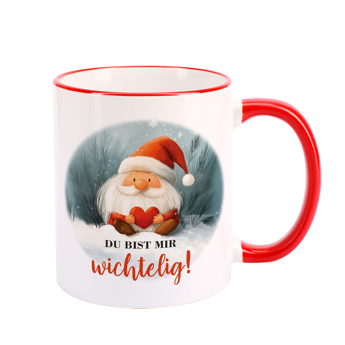 Keramiktasse mit rotem Henkel und Wichtel-Aufdruck „Du bist mir wichtelig!“ freigestellt auf weißem Hintergrund – Vorderansicht.