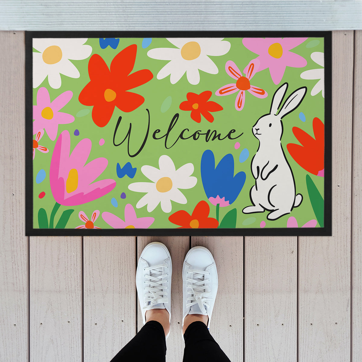 Oster Fußmatte mit bunten Blumen, Hasenmotiv und Welcome Schriftzug als frühlingshafte Türmatte für den Hauseingang