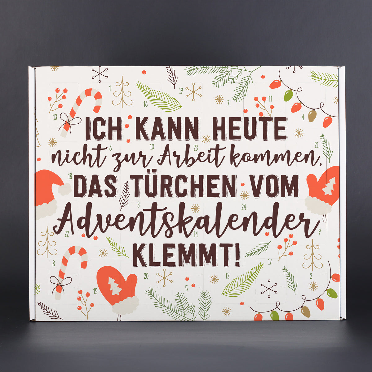 Lustiger Adventskalender mit Arbeitsspruch – Frontansicht