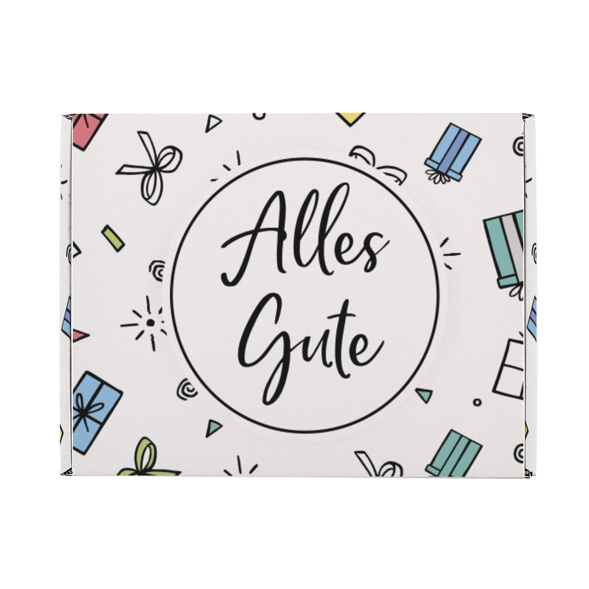 Geschenkbox rechteckig „Alles Gute“ – Draufsicht auf Motiv und Details
