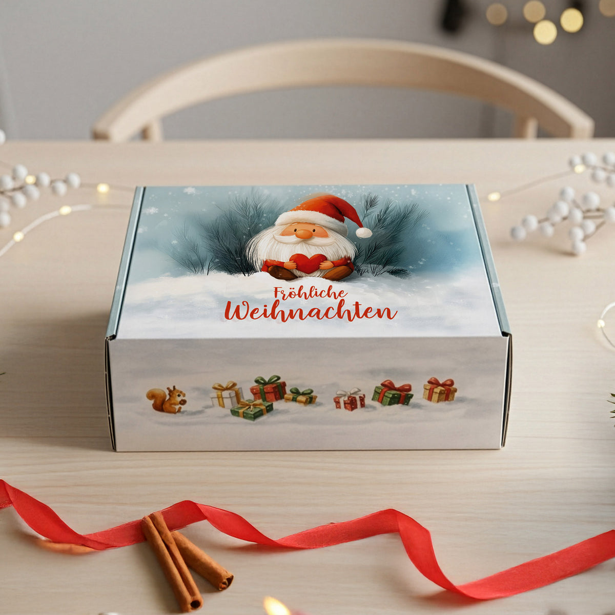 Geschenkbox zu Weihnachten mit Wichtelmotiv – dekorativ präsentiert auf einem Tisch