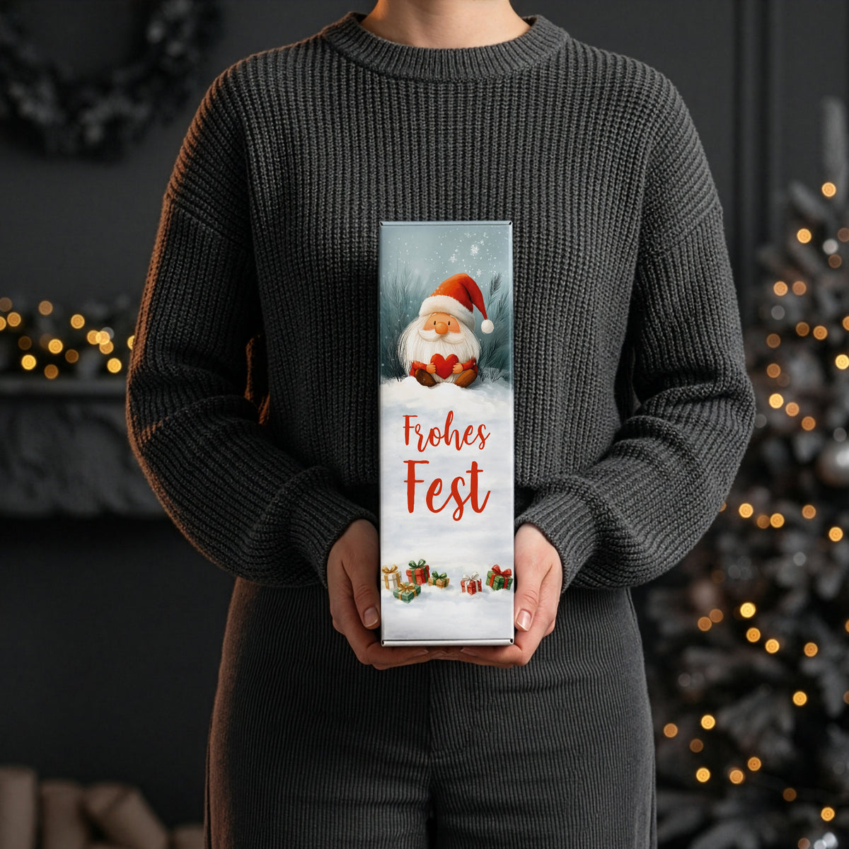Person hält Flaschenkarton mit Wichtelmotiv und Aufdruck „Frohes Fest“ vor weihnachtlichem Hintergrund