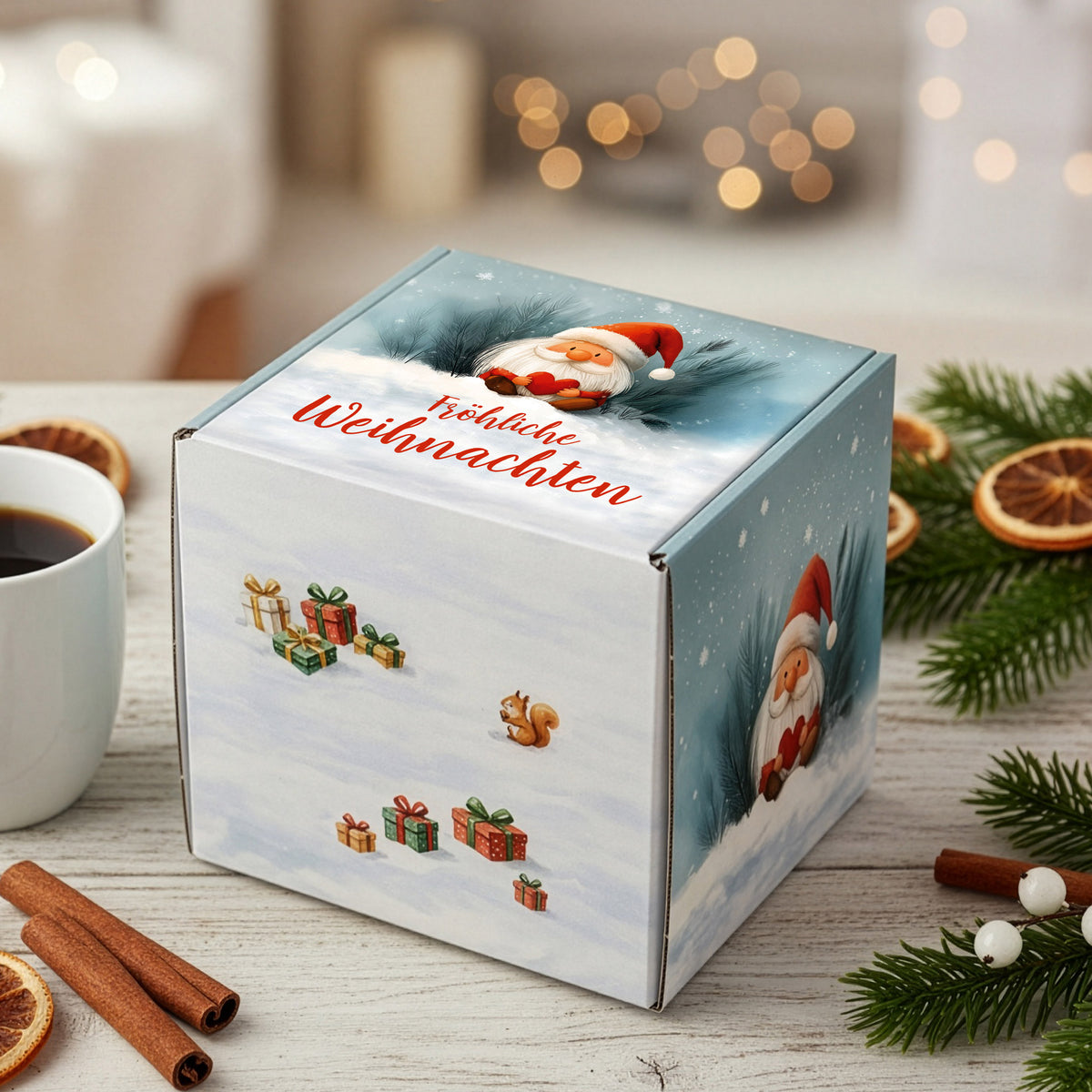 Quadratische Geschenkverpackung Weihnachten mit Wichtel – dekorativ arrangiert im Winterambiente