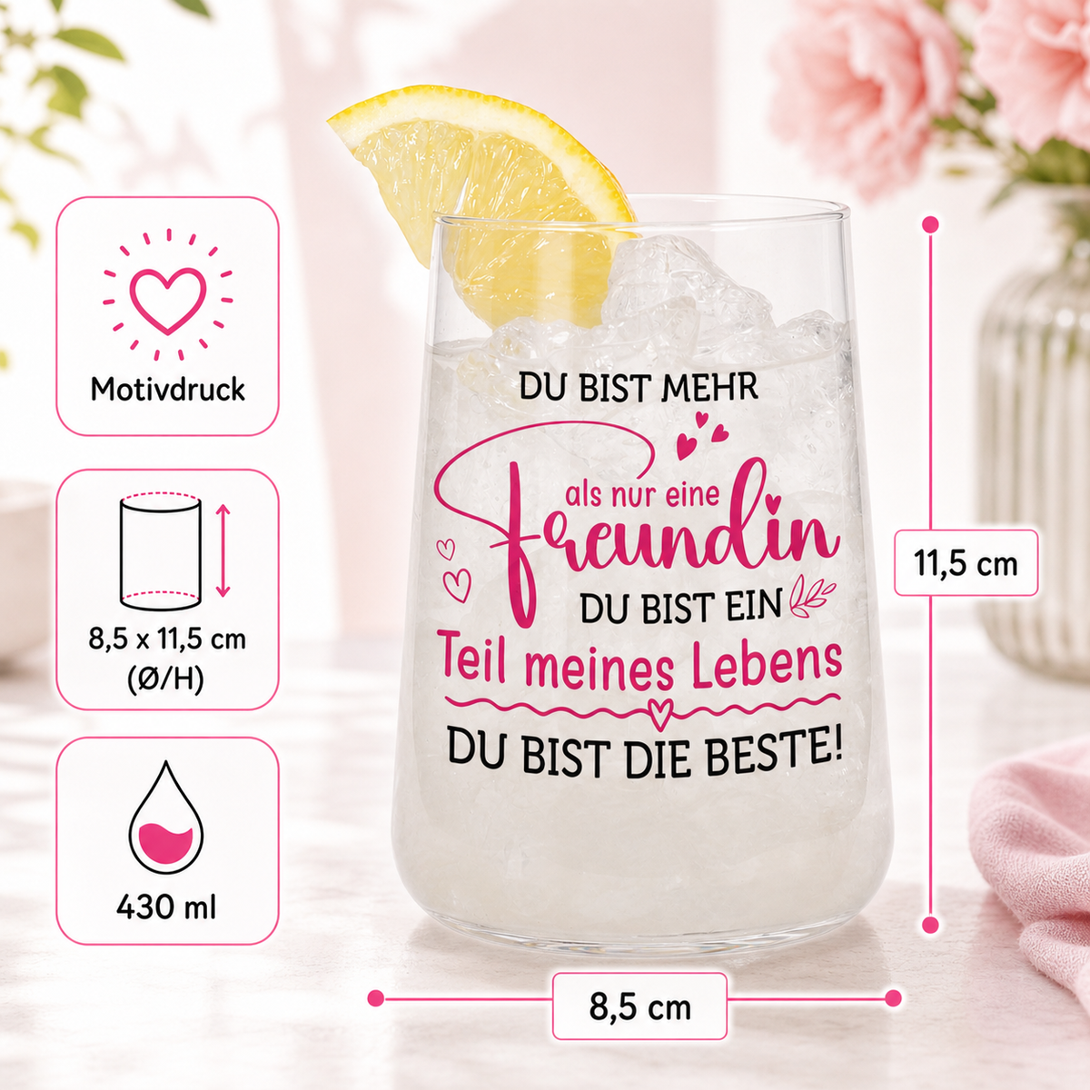 Produktinfo-Bild zum Trinkglas für die beste Freundin mit Motivdruck, 430 ml Fassungsvermögen und Maßen 8,5 x 11,5 cm
