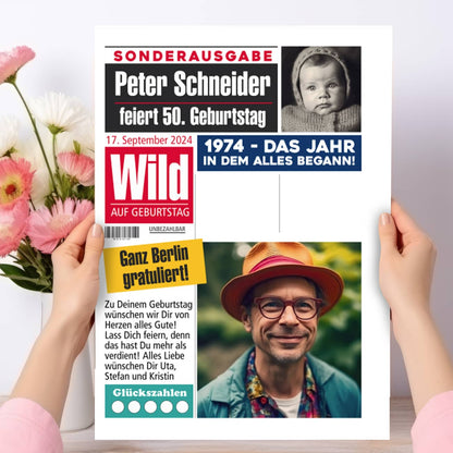 Personalisierte XL Geburtstagszeitung Karte | A4 Klappkarte mit 4 Fotos