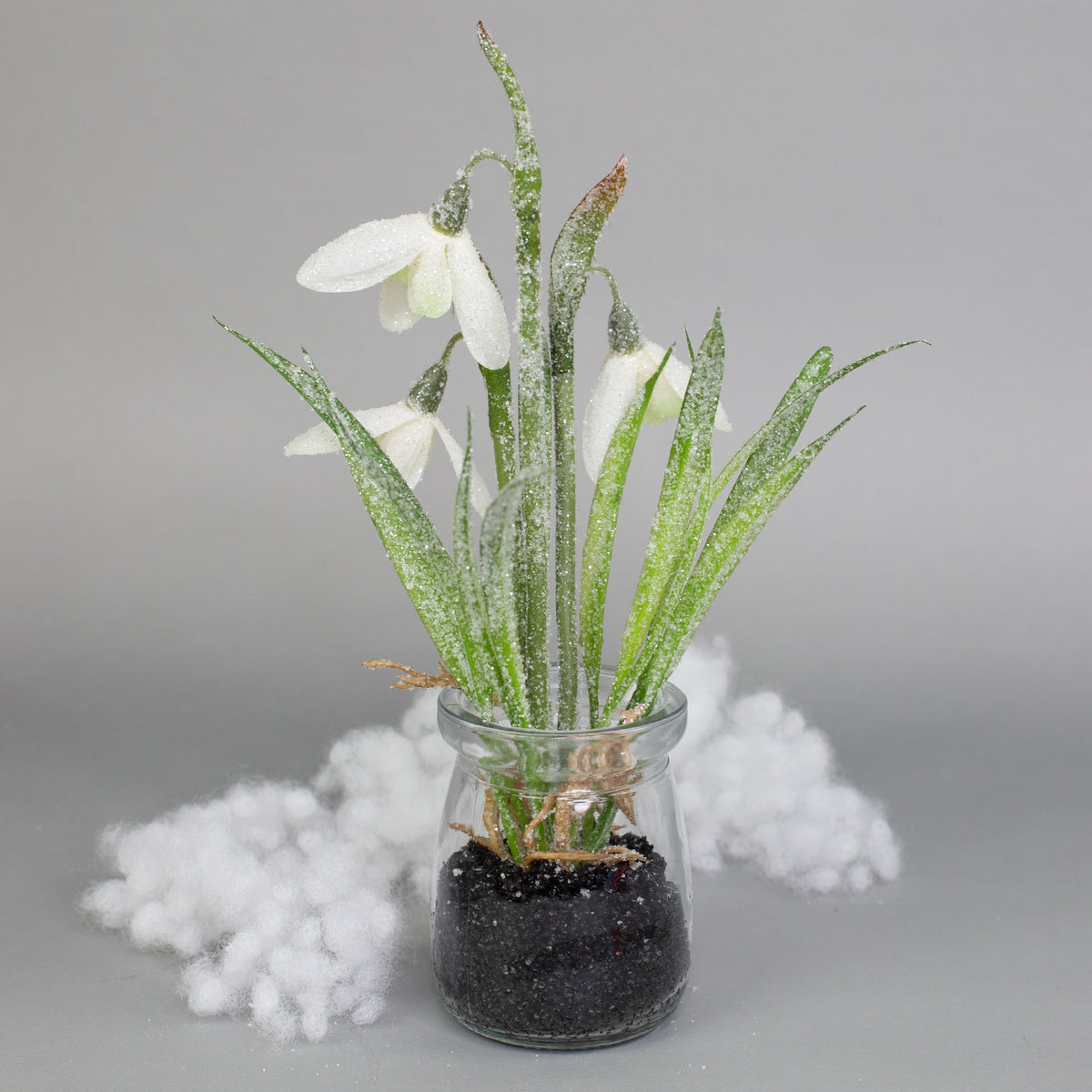 Schneeglöckchen im Glas mit Eiskristall-Effekt auf grauem Hintergrund