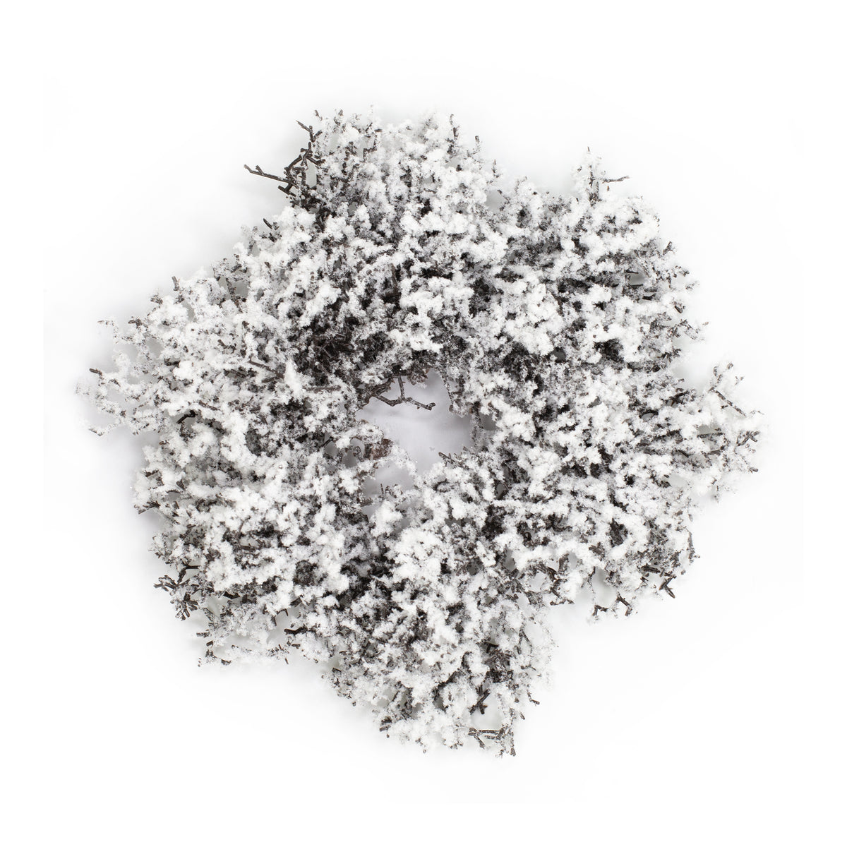 Runder Adventskranz aus weißen Schneezweigen mit winterlicher Struktur – künstliche Deko für Weihnachten und Winterzeit.