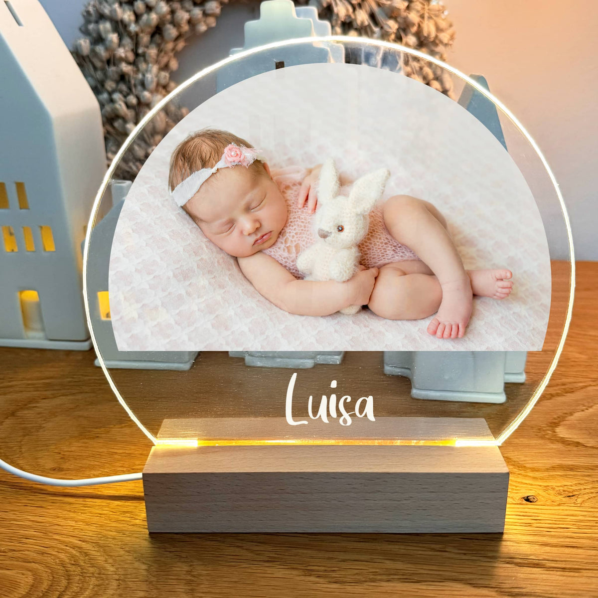 LED Fotolicht mit Holzsockel und USB-C Kabel