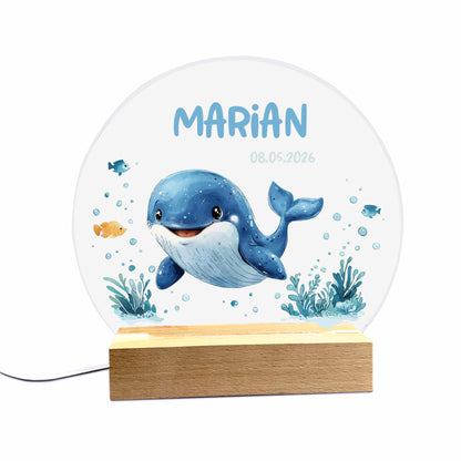 Nachttischlampe mit Wal, Name & Datum, Babygeschenk, Taufgeschenk