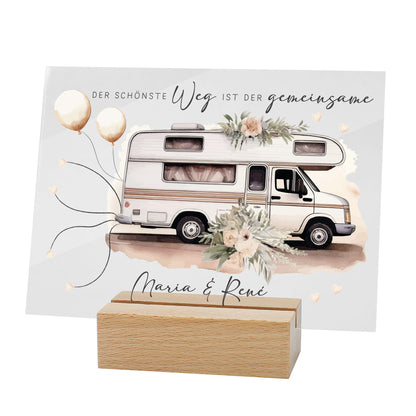 Acrylschild mit Wohnmobil & Blumenmotiv inkl. Wunschnamen zur Hochzeit