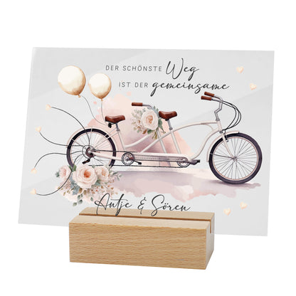 Acrylschild mit Tandem & Blumenmotiv inkl. Wunschnamen zur Hochzeit