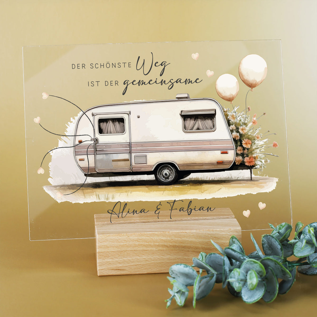 Acrylschild mit Campinganhänger & Blumenmotiv inkl. Wunschnamen zur Hochzeit