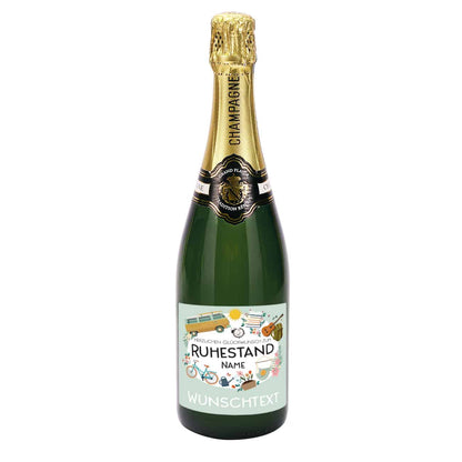 Grand Plaisir Champagner zum Ruhestand mit buntem Etikett mit Name und Wunschtext
