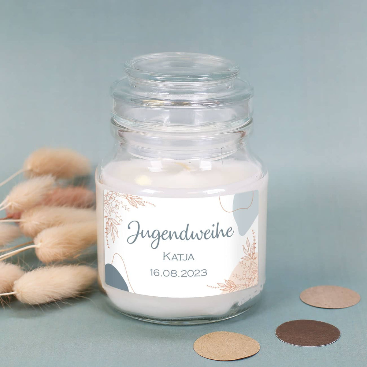 Duftkerze zur Jugendweihe mit modernen Design personalisiert mit Name und Datum