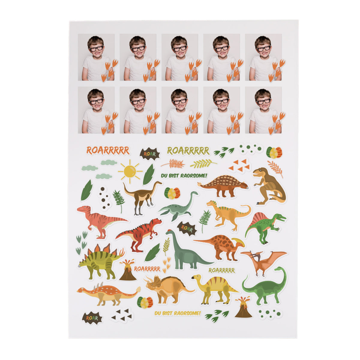 Personalisiertes Stickerset mit Foto-Stickern und bunten Dinosaurier-Motiven