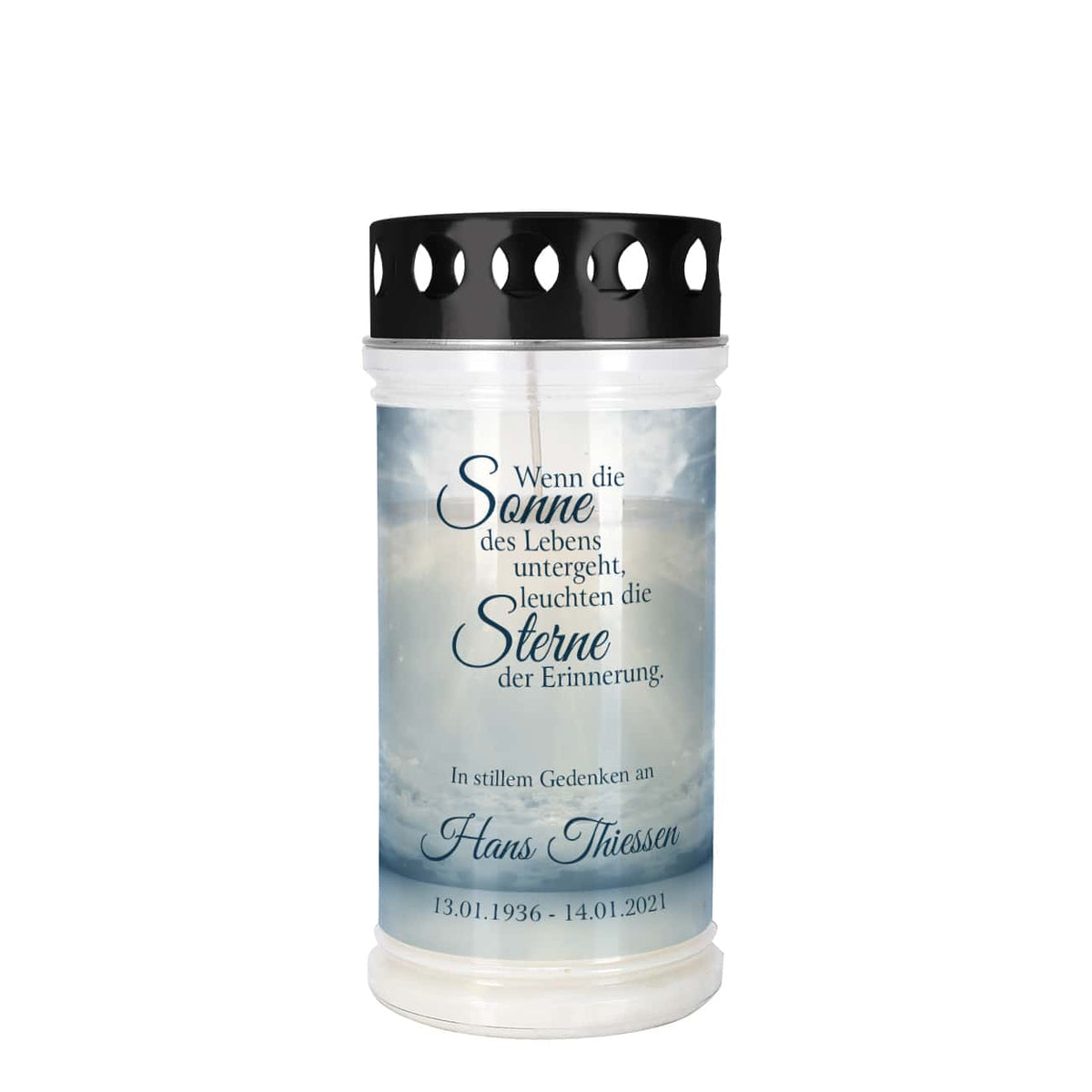 Bedrucktes Grablicht mit Druck von Himmel, Spruch und personalisiert mit Name und Datum