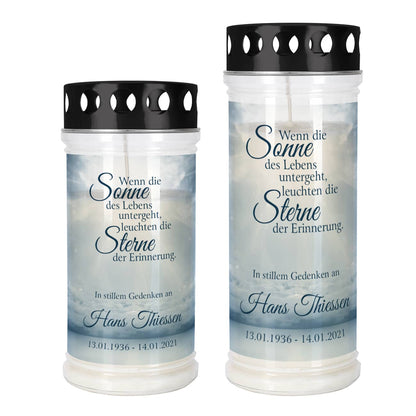 Bedrucktes Grablicht mit Druck von Himmel, Spruch und personalisiert mit Name und Datum