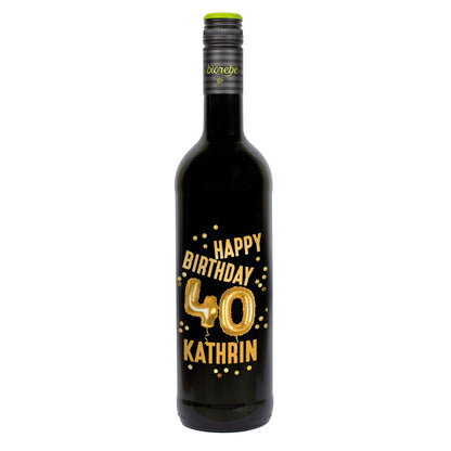 Biorebe Wein zum 40. Geburtstag personalisiert mit Name | Luftballon & Konfetti Design